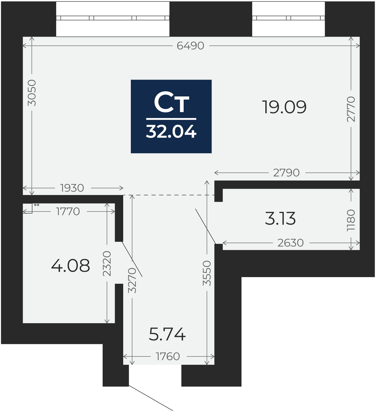 Квартира № 46, Студия, 32.04 кв. м, 8 этаж