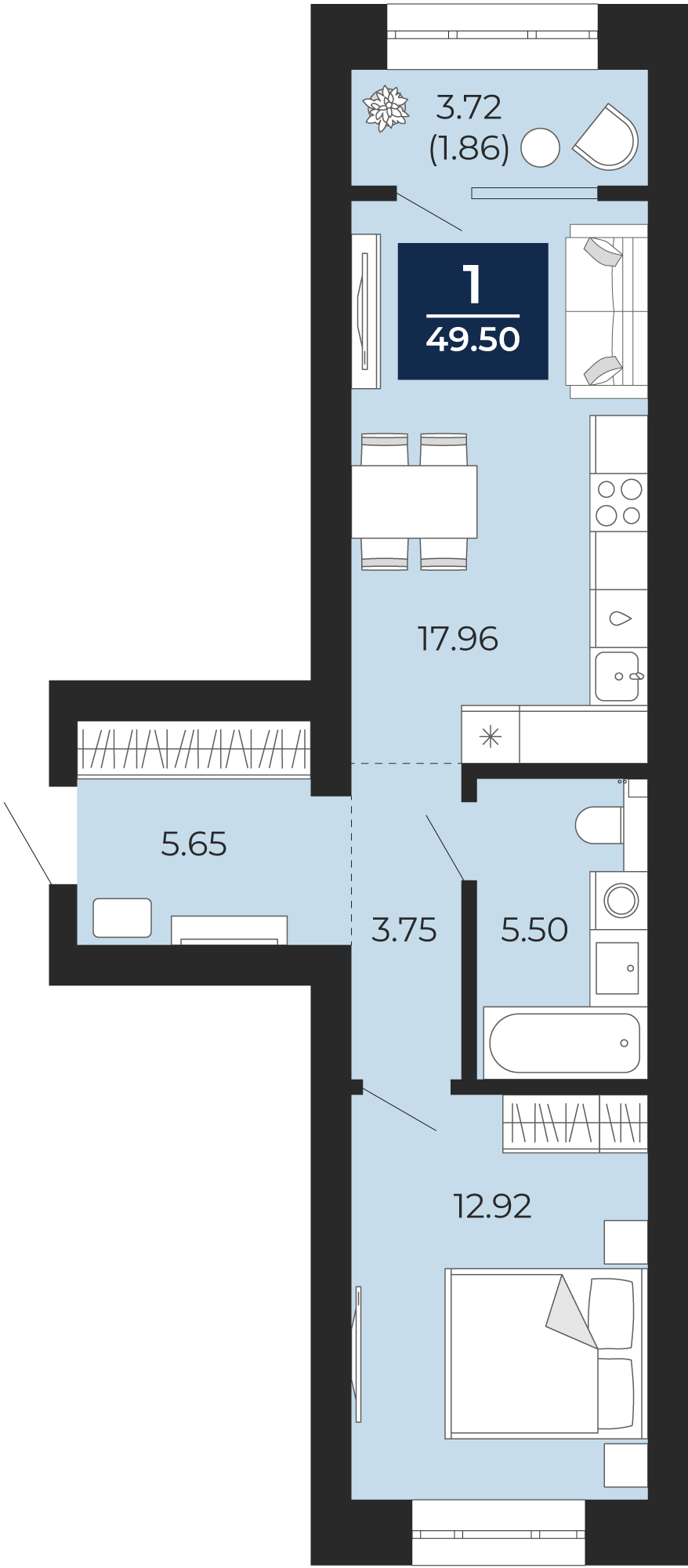 Квартира № 213, 1-комнатная, 49.5 кв. м, 4 этаж