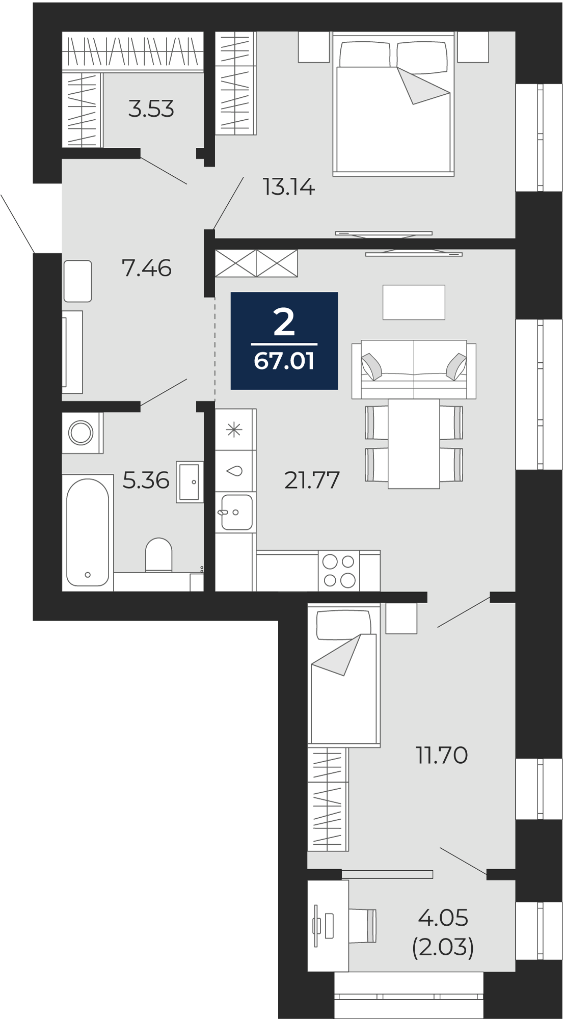 Квартира № 188, 2-комнатная, 67.01 кв. м, 12 этаж