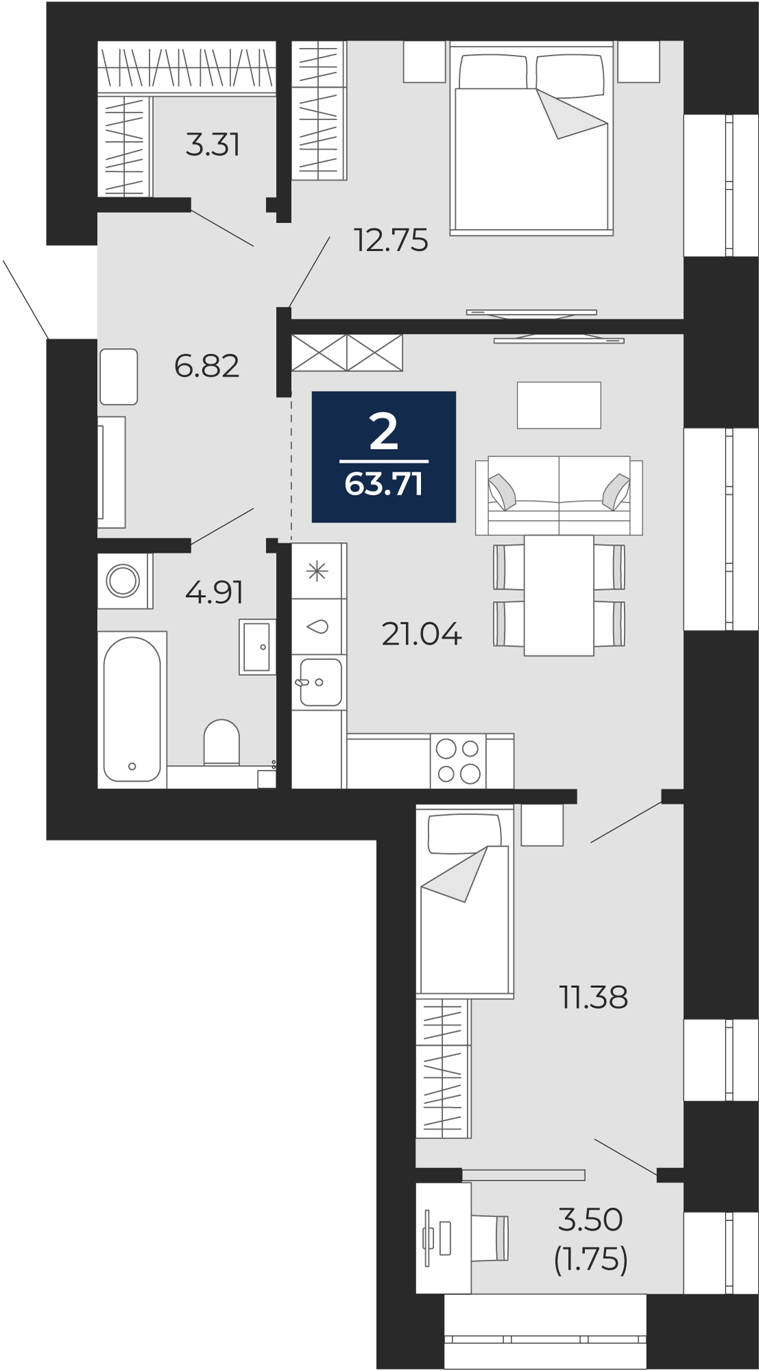 Квартира № 140, 2-комнатная, 63.71 кв. м, 4 этаж