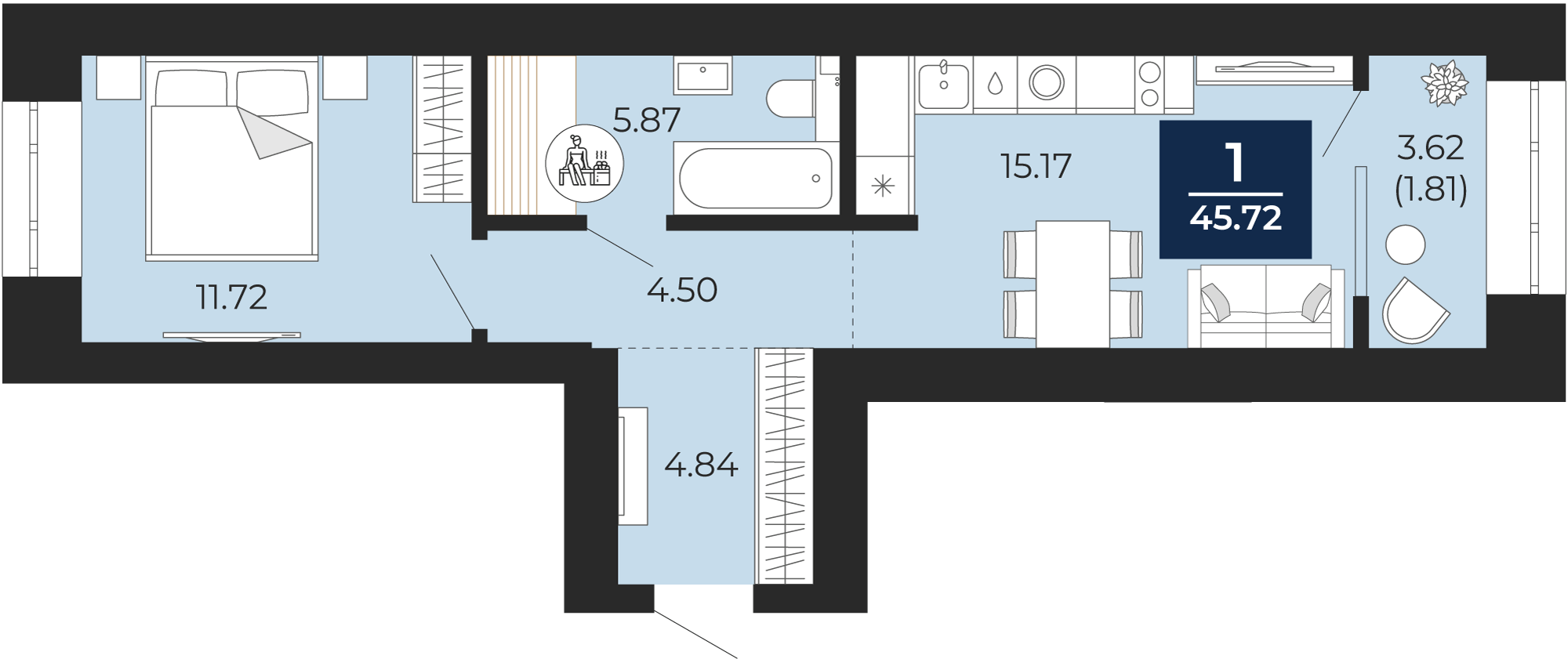 Квартира № 145, 1-комнатная, 45.72 кв. м, 4 этаж