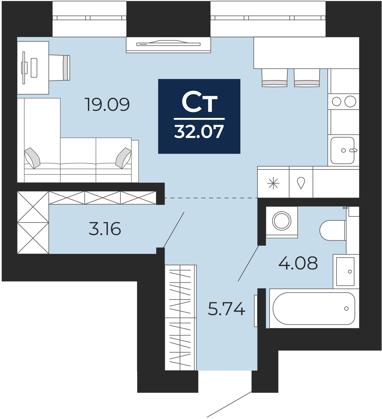 Квартира № 253, Студия, 32.07 кв. м, 10 этаж
