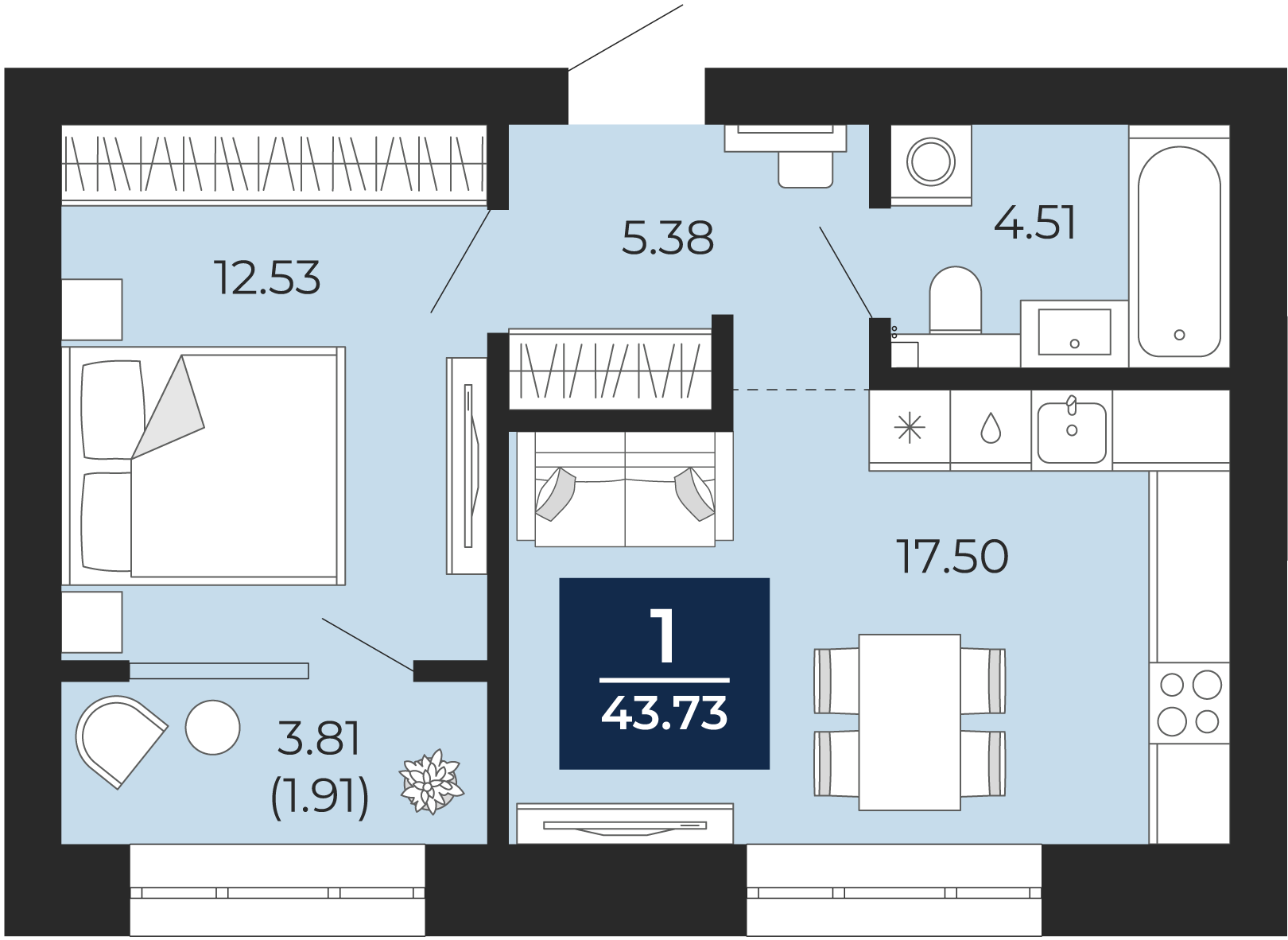 Квартира № 250, 1-комнатная, 43.73 кв. м, 10 этаж