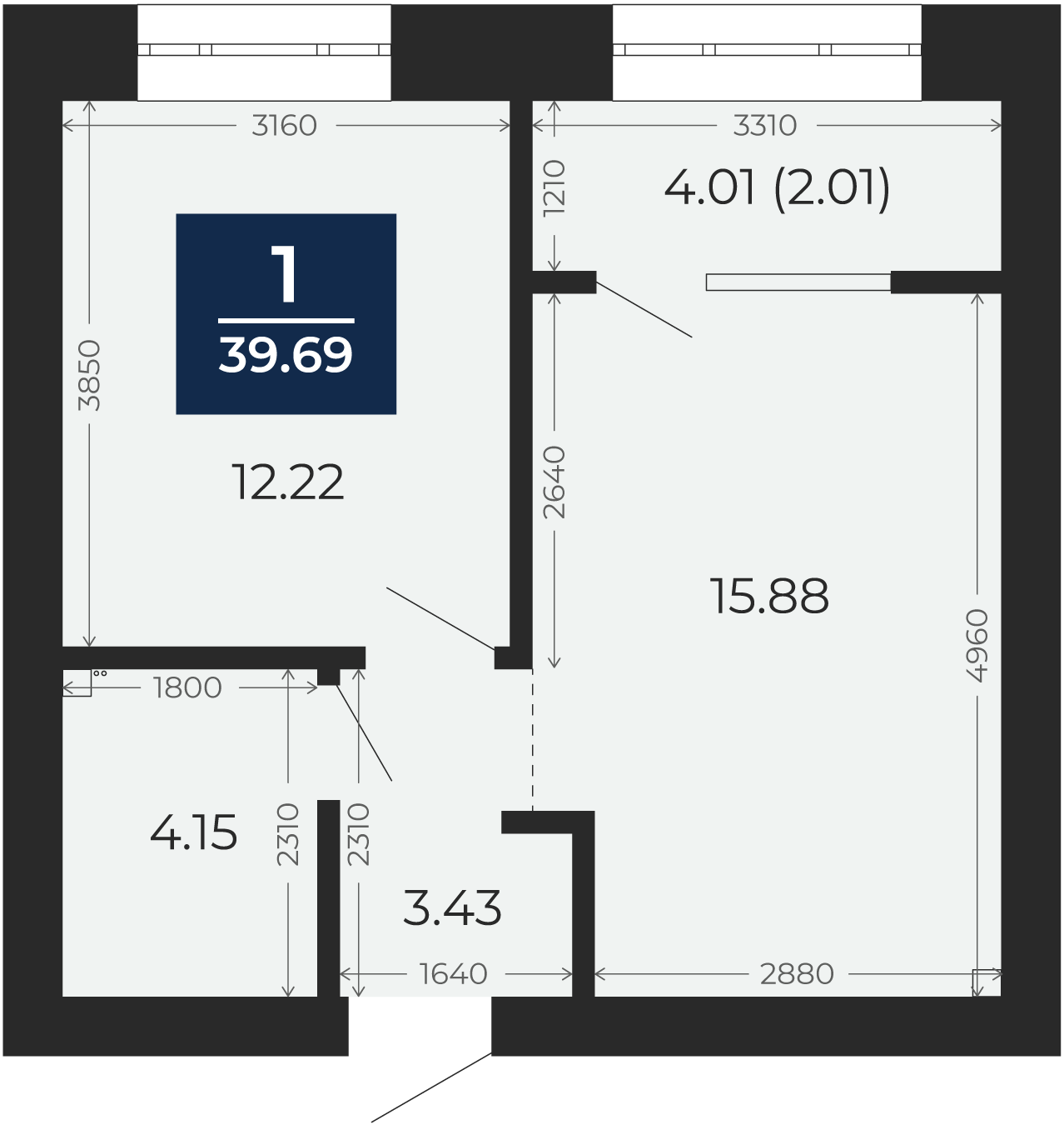 Квартира № 233, 1-комнатная, 39.69 кв. м, 7 этаж