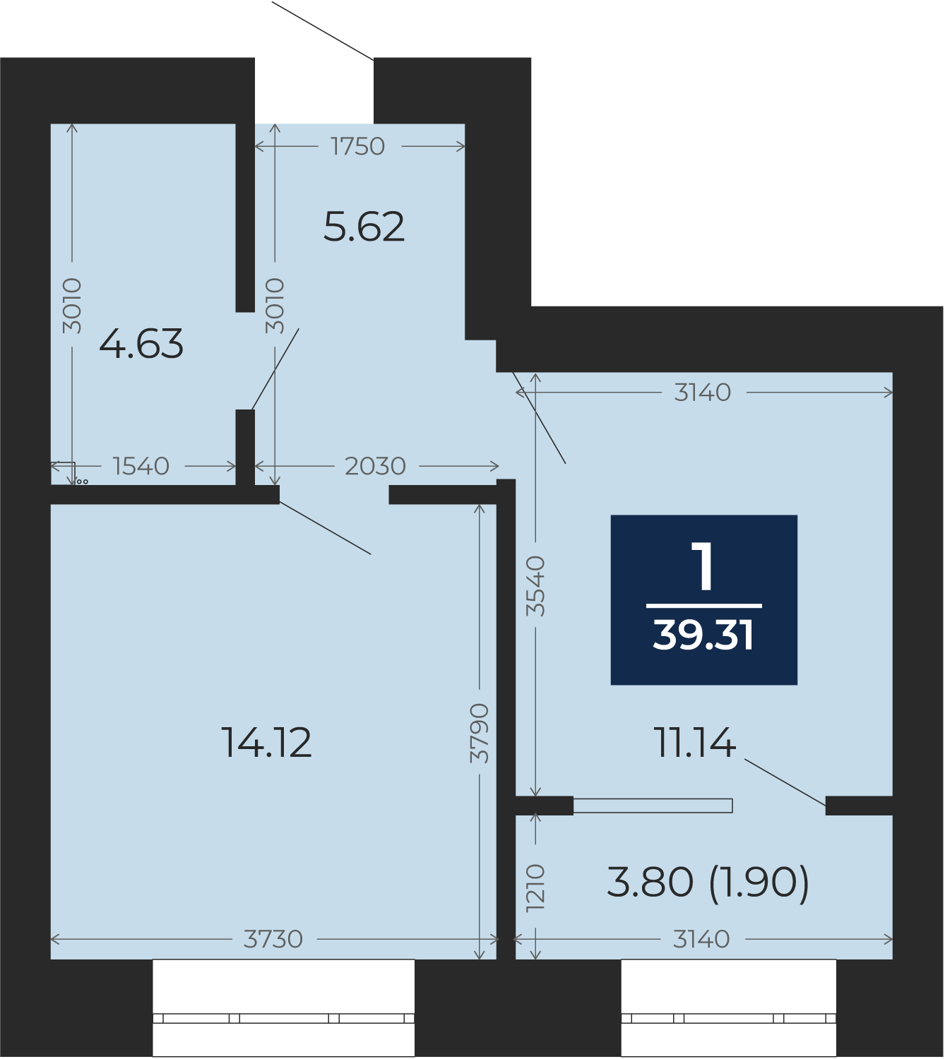 Квартира № 129, 1-комнатная, 39.31 кв. м, 2 этаж
