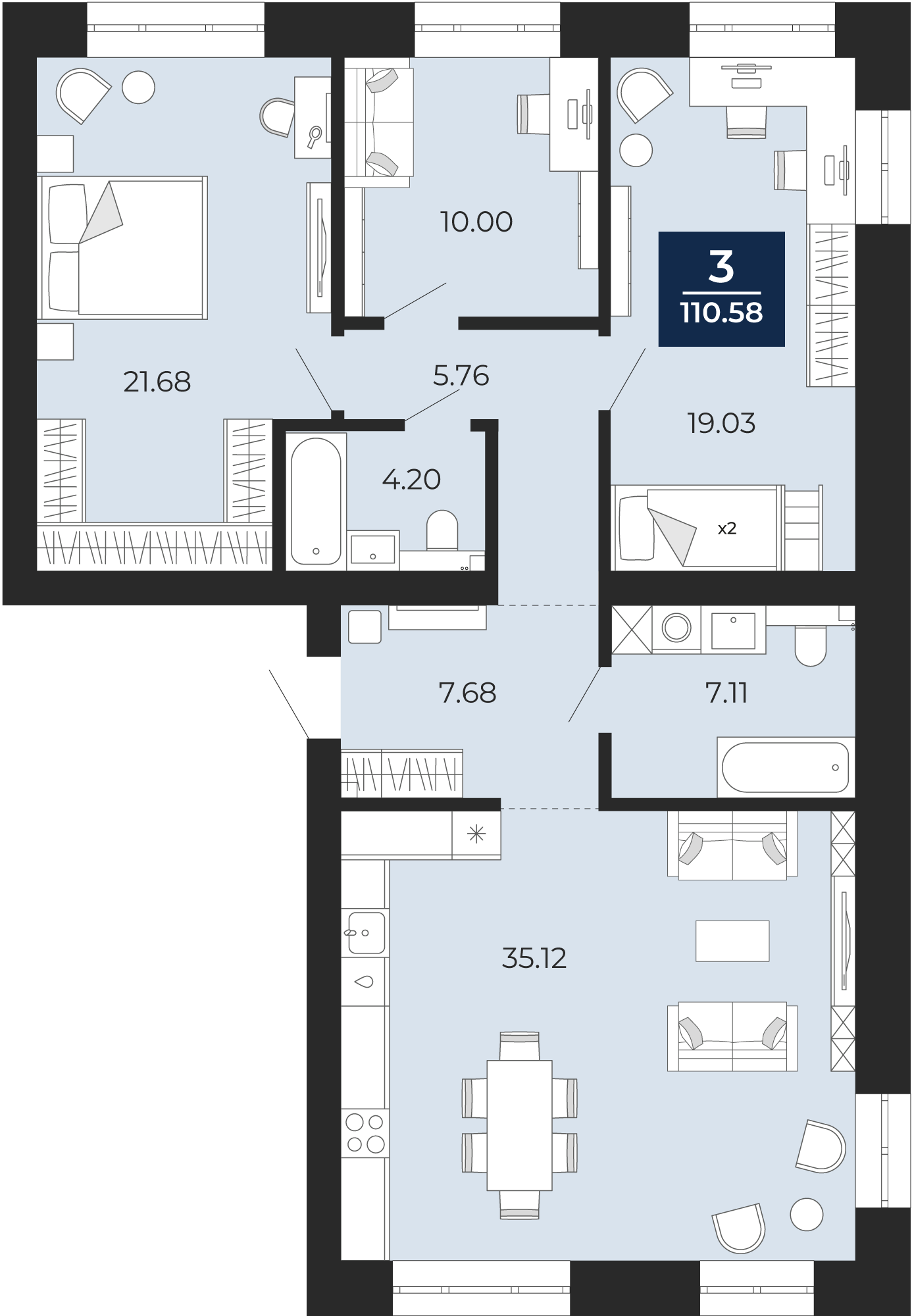Квартира № 13, 3-комнатная, 110.58 кв. м, 3 этаж