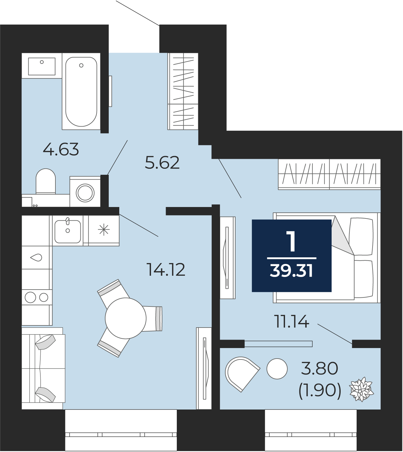 Квартира № 129, 1-комнатная, 39.31 кв. м, 2 этаж