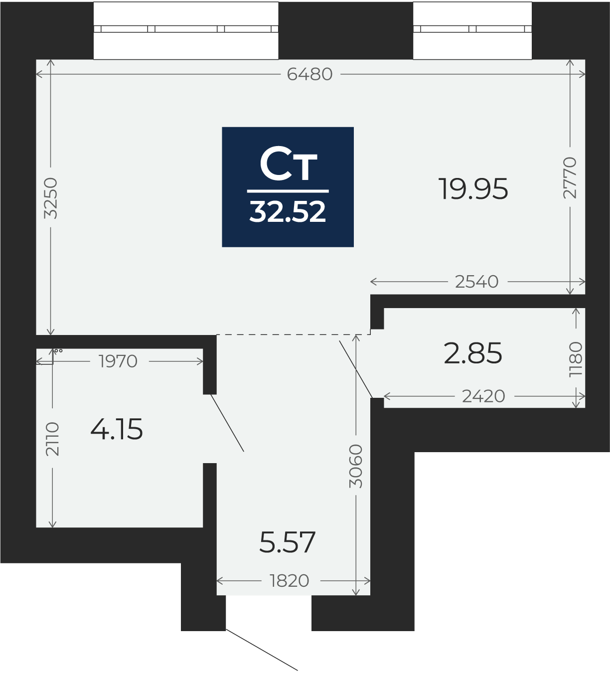 Квартира № 217, Студия, 32.52 кв. м, 5 этаж