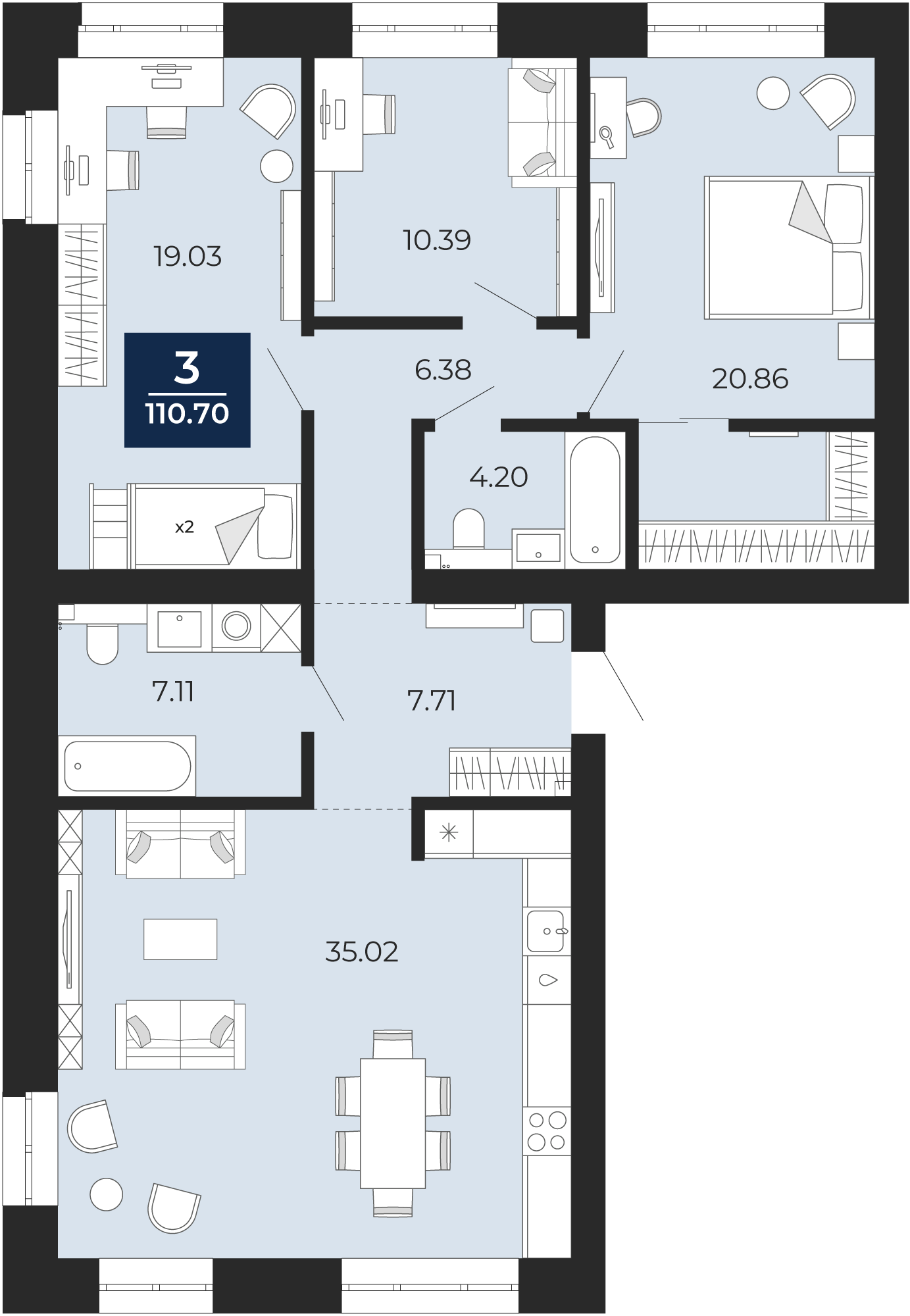 Квартира № 251, 3-комнатная, 110.7 кв. м, 10 этаж