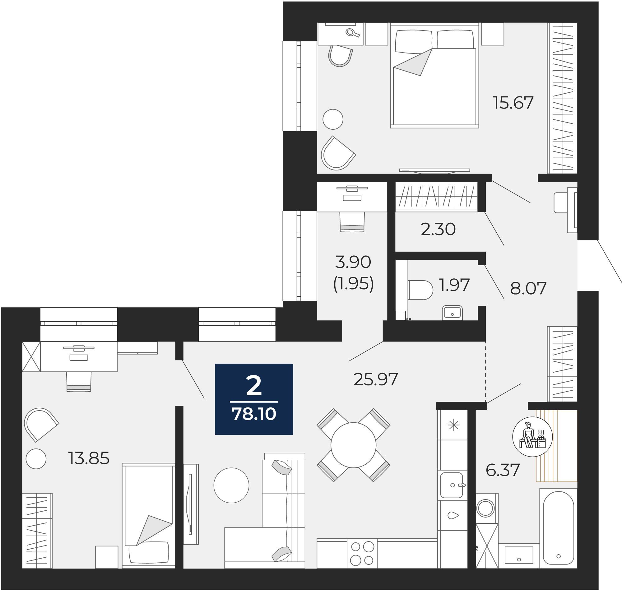 Квартира № 192, 2-комнатная, 78.1 кв. м, 12 этаж