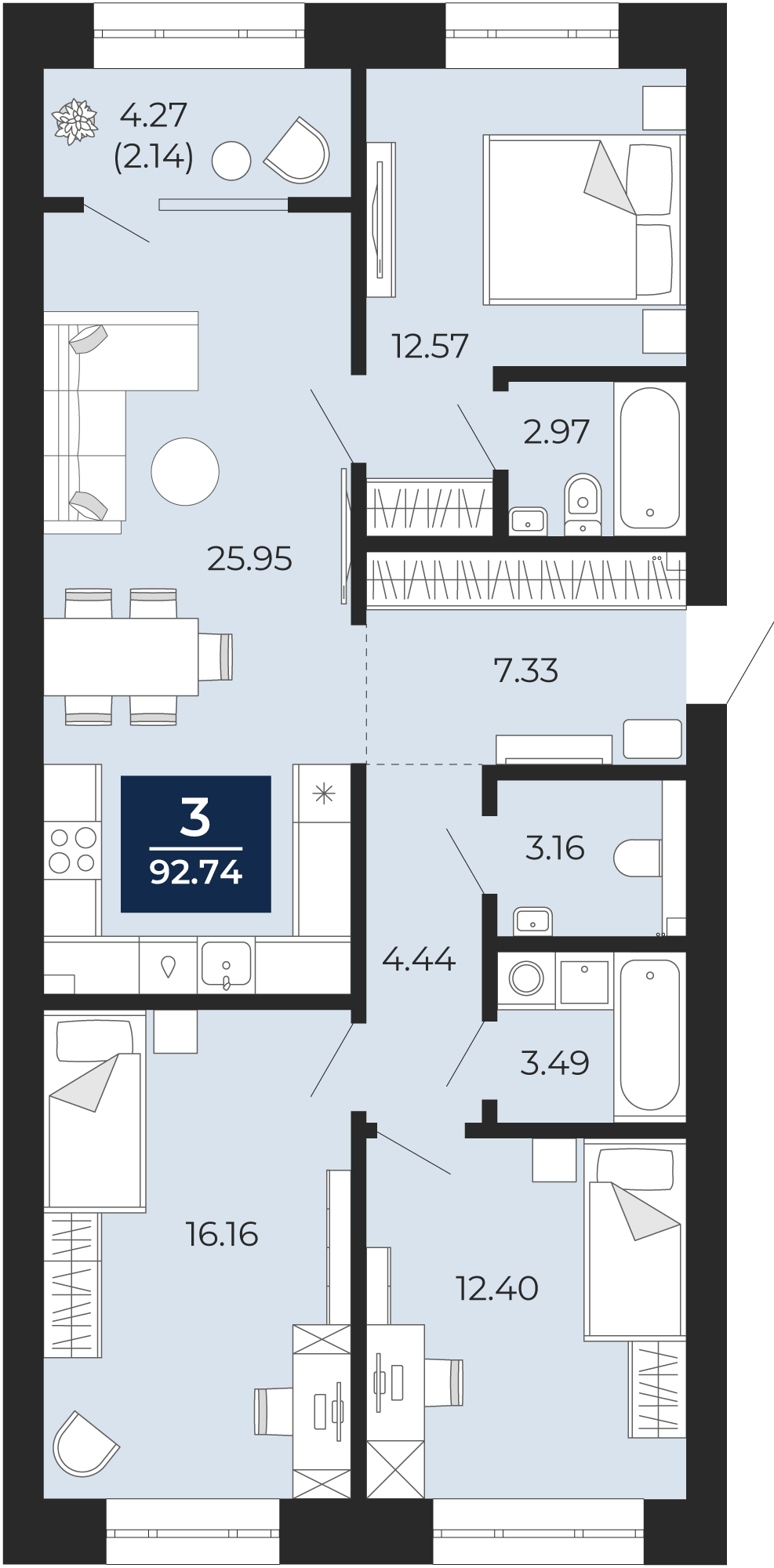 Квартира № 191, 3-комнатная, 92.74 кв. м, 12 этаж