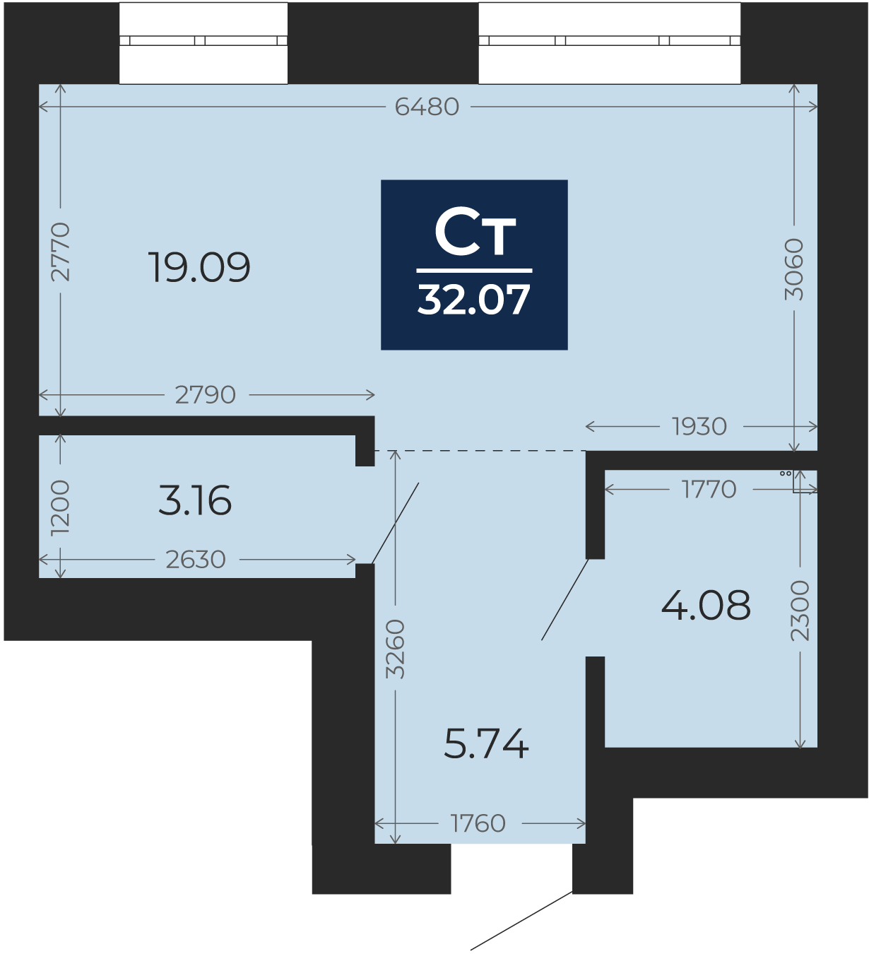 Квартира № 253, Студия, 32.07 кв. м, 10 этаж