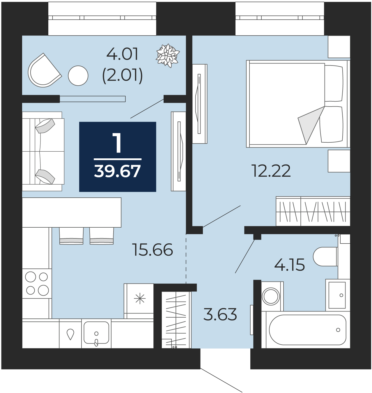 Квартира № 3, 1-комнатная, 39.67 кв. м, 2 этаж