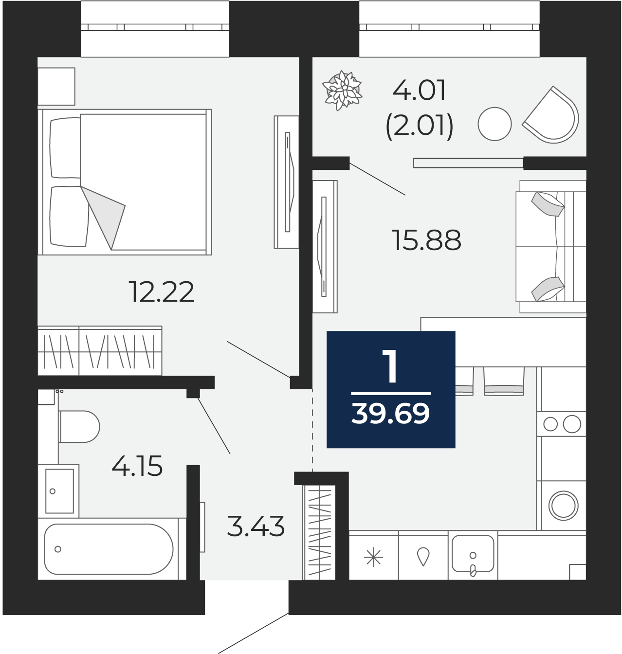 Квартира № 254, 1-комнатная, 39.69 кв. м, 10 этаж