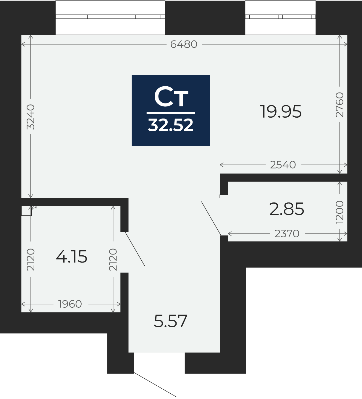 Квартира № 252, Студия, 32.52 кв. м, 10 этаж