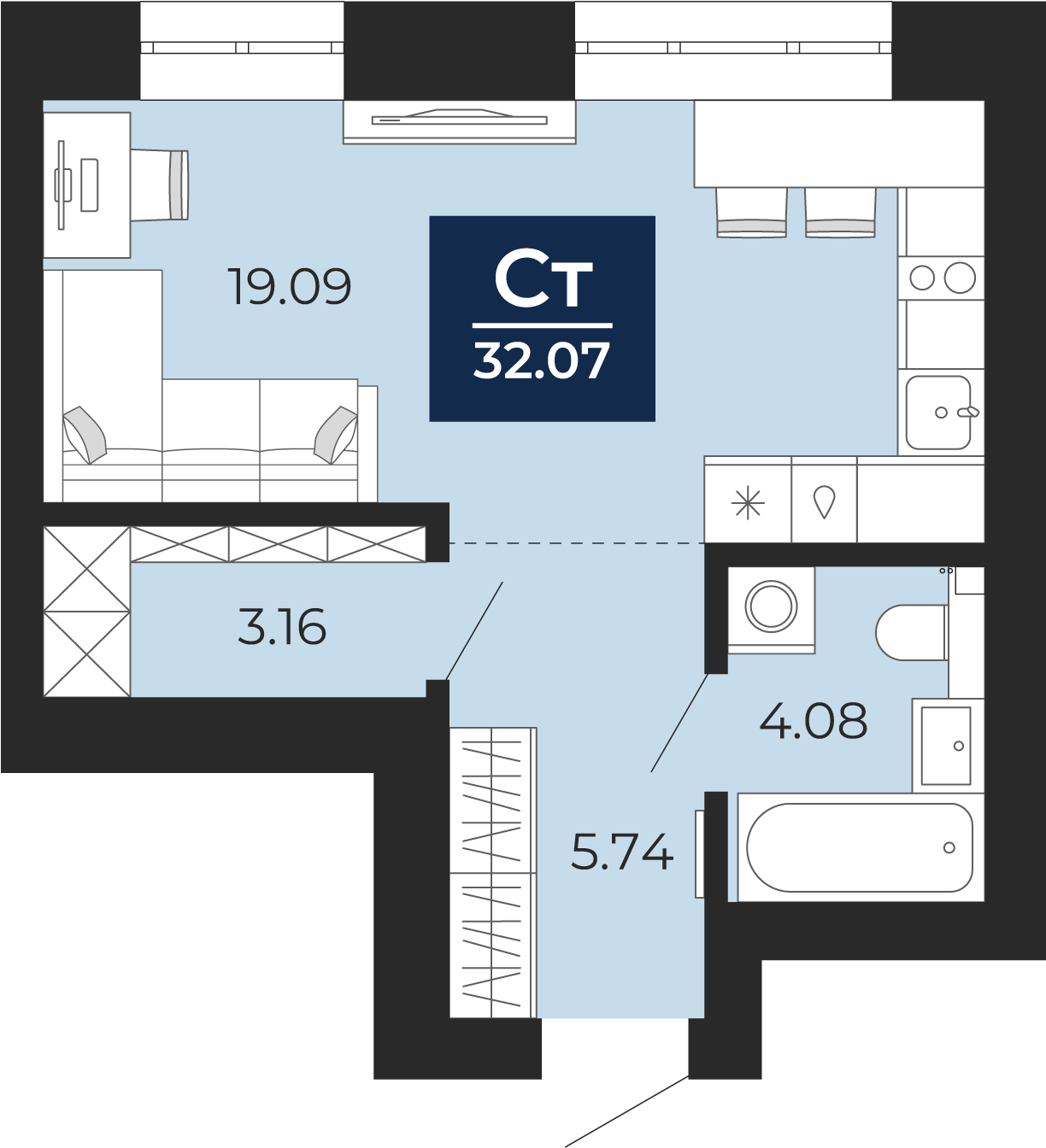 Квартира № 232, Студия, 32.07 кв. м, 7 этаж