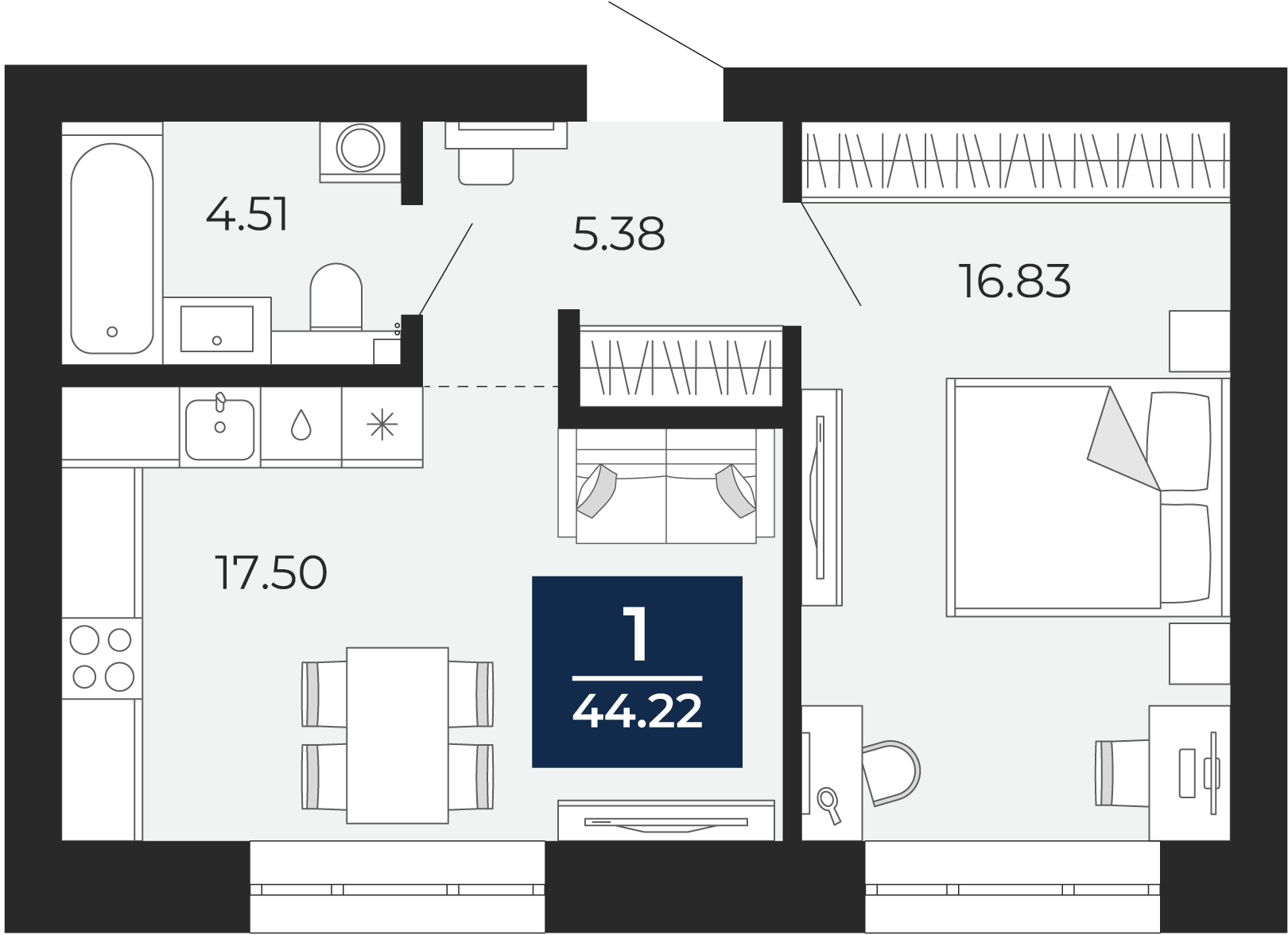 Квартира № 7, 1-комнатная, 44.22 кв. м, 2 этаж