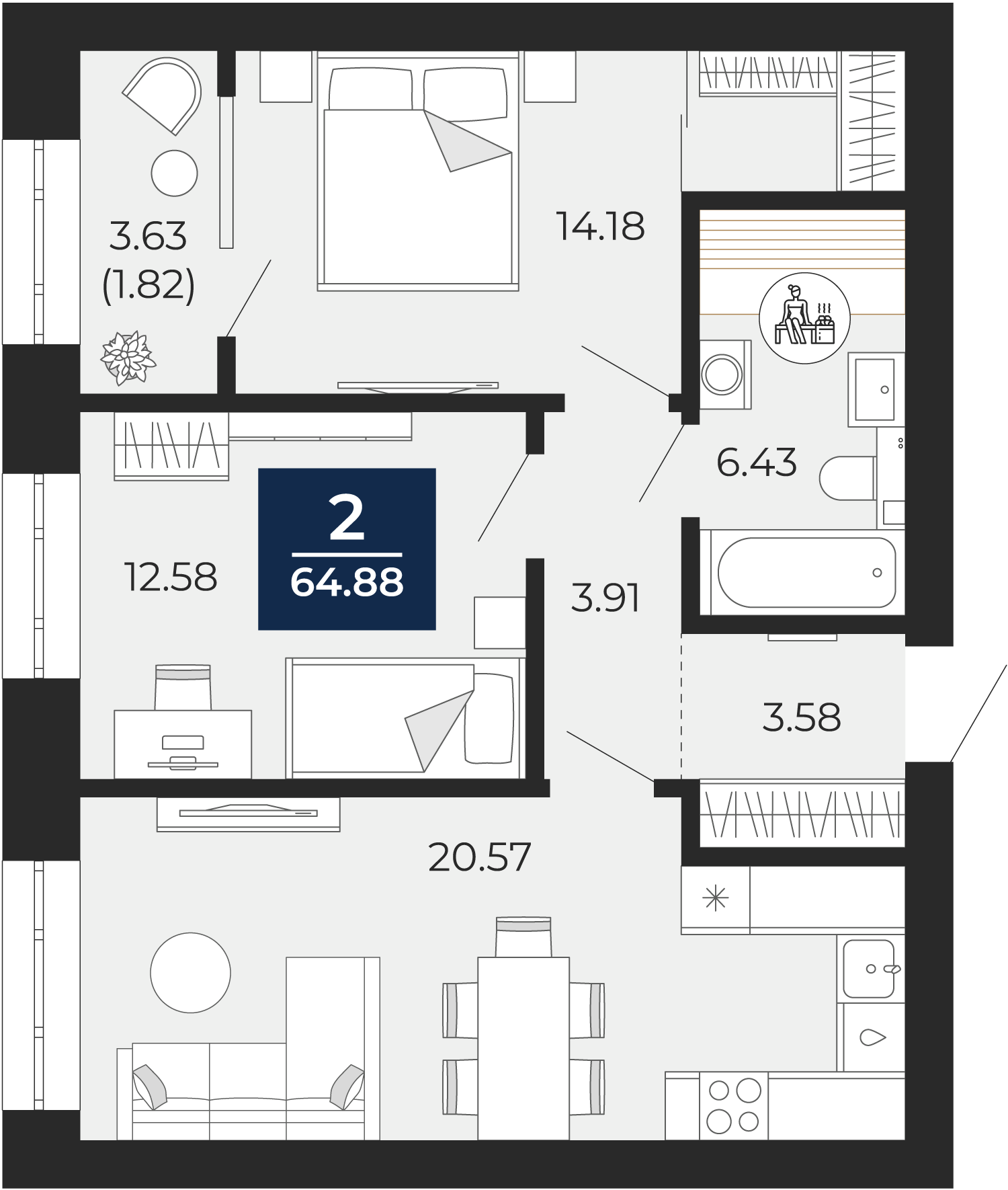 Квартира № 53, 2-комнатная, 64.88 кв. м, 2 этаж