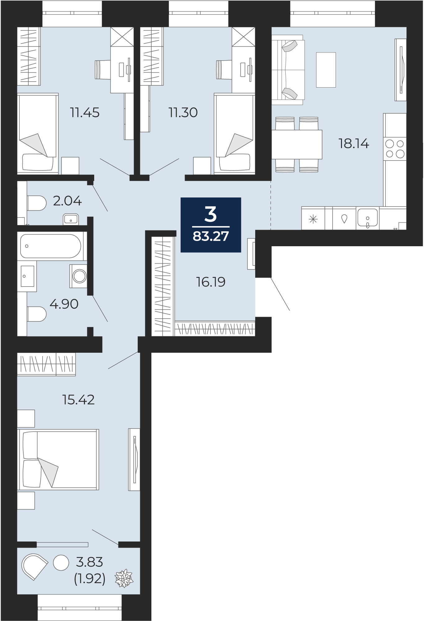 Квартира № 107, 3-комнатная, 83.27 кв. м, 5 этаж