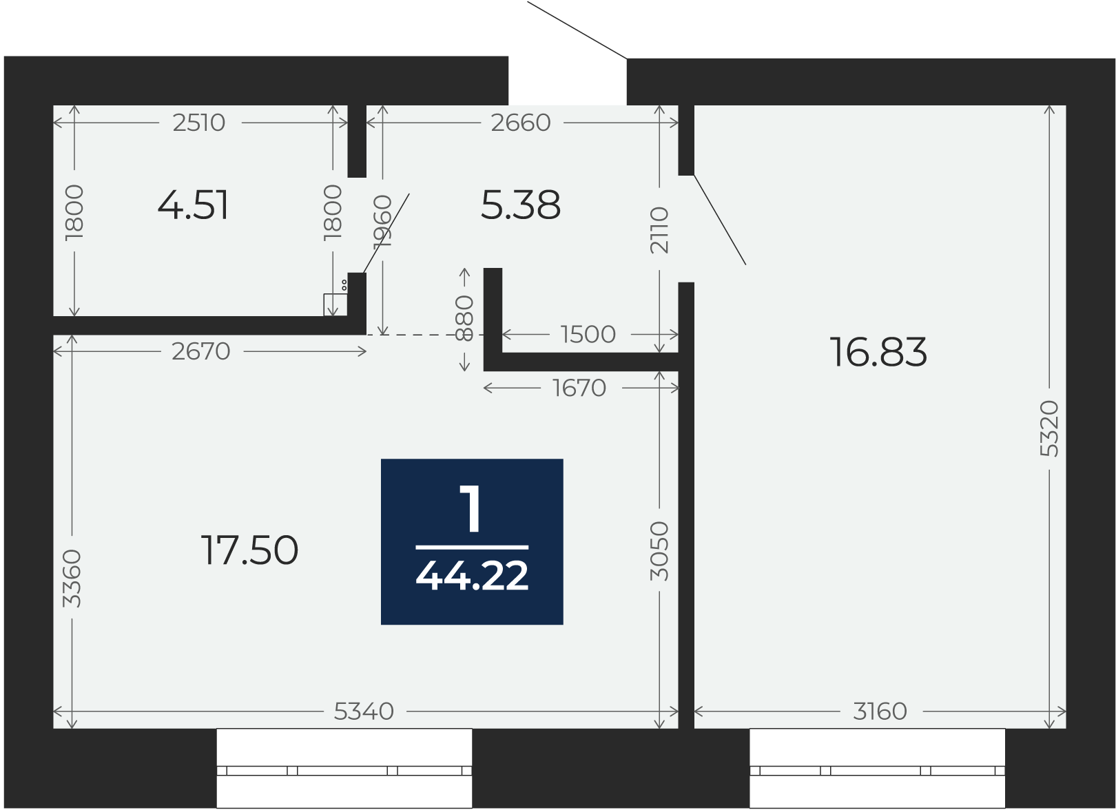 Квартира № 28, 1-комнатная, 44.22 кв. м, 5 этаж