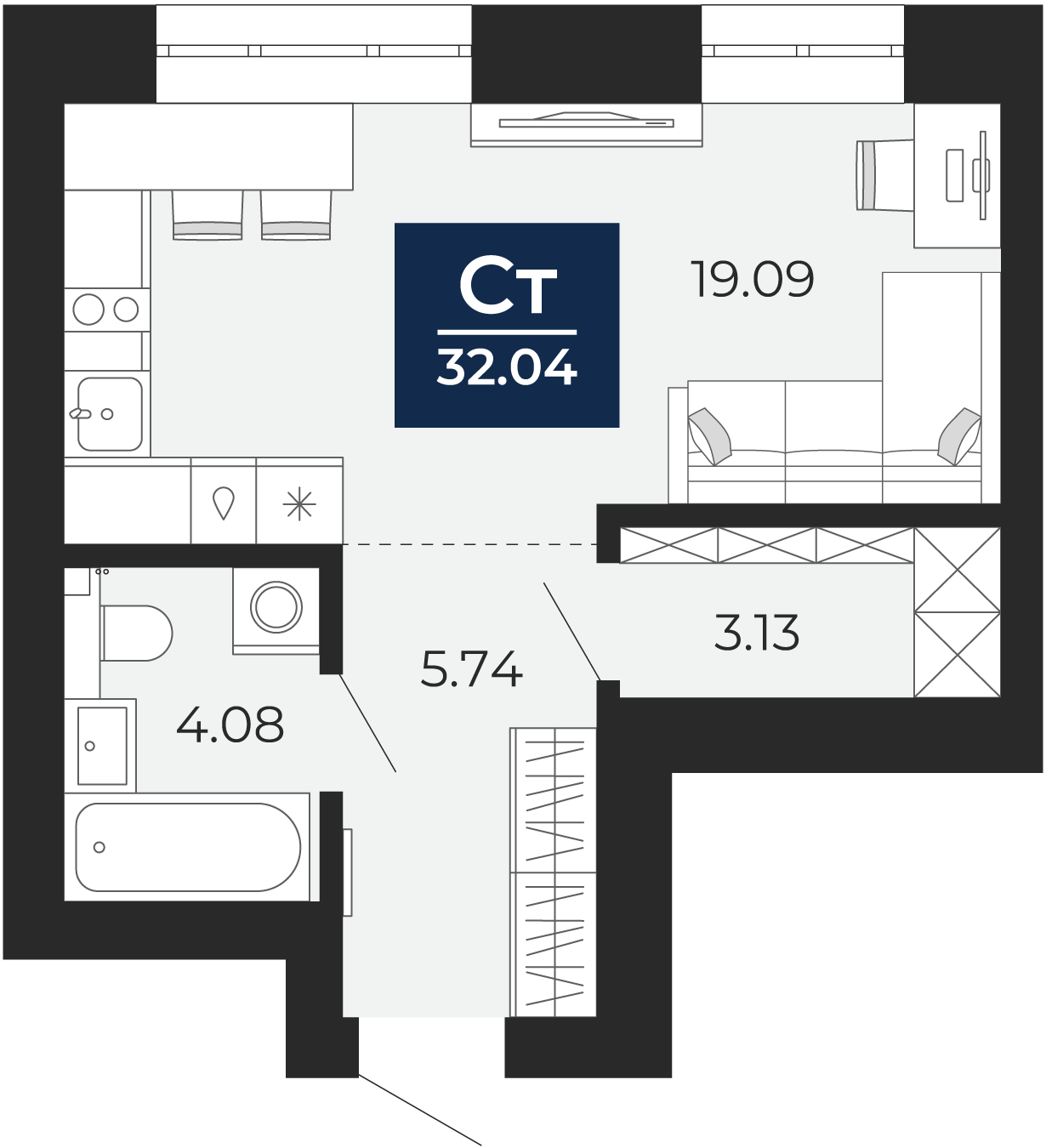 Квартира № 25, Студия, 32.04 кв. м, 5 этаж