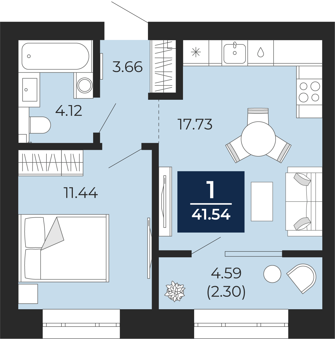 Квартира № 125, 1-комнатная, 41.54 кв. м, 10 этаж
