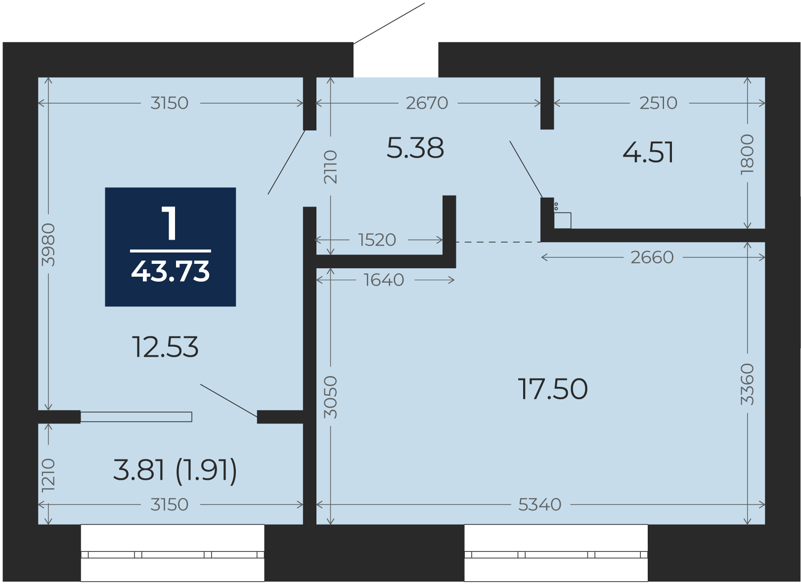 Квартира № 250, 1-комнатная, 43.73 кв. м, 10 этаж
