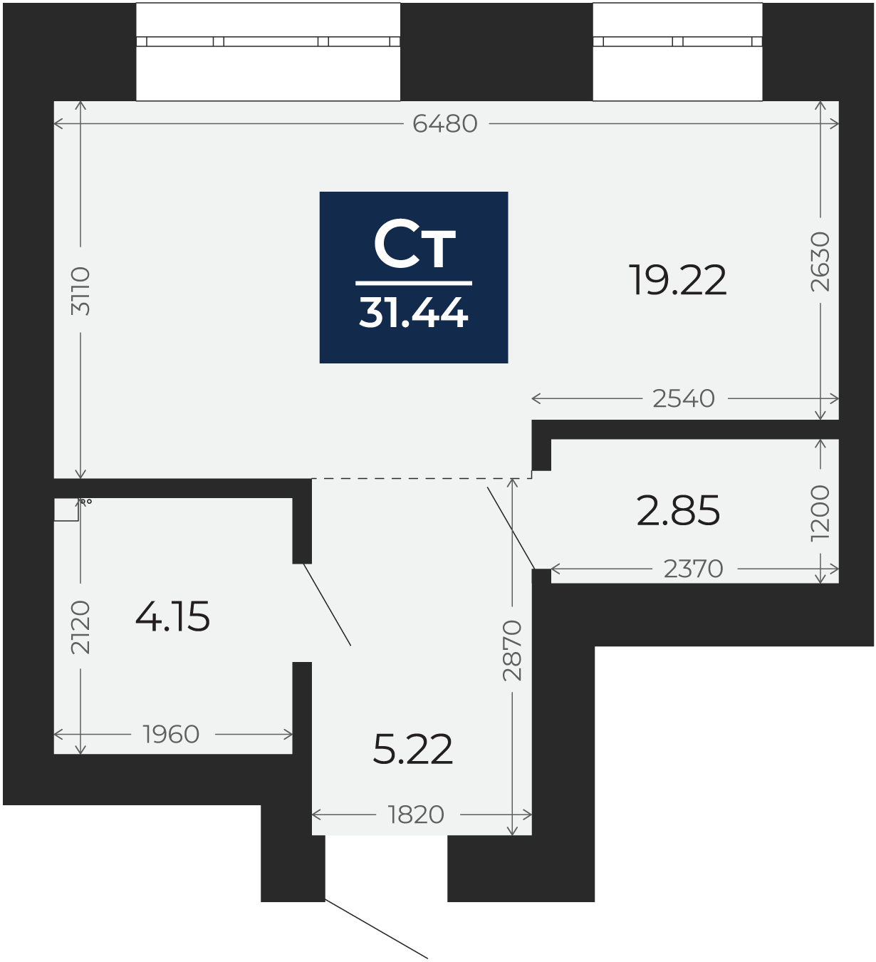 Квартира № 196, Студия, 31.44 кв. м, 2 этаж