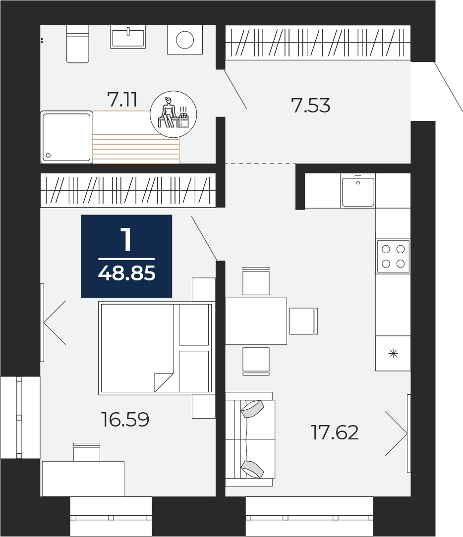 Квартира № 217, 1-комнатная, 48.85 кв. м, 3 этаж