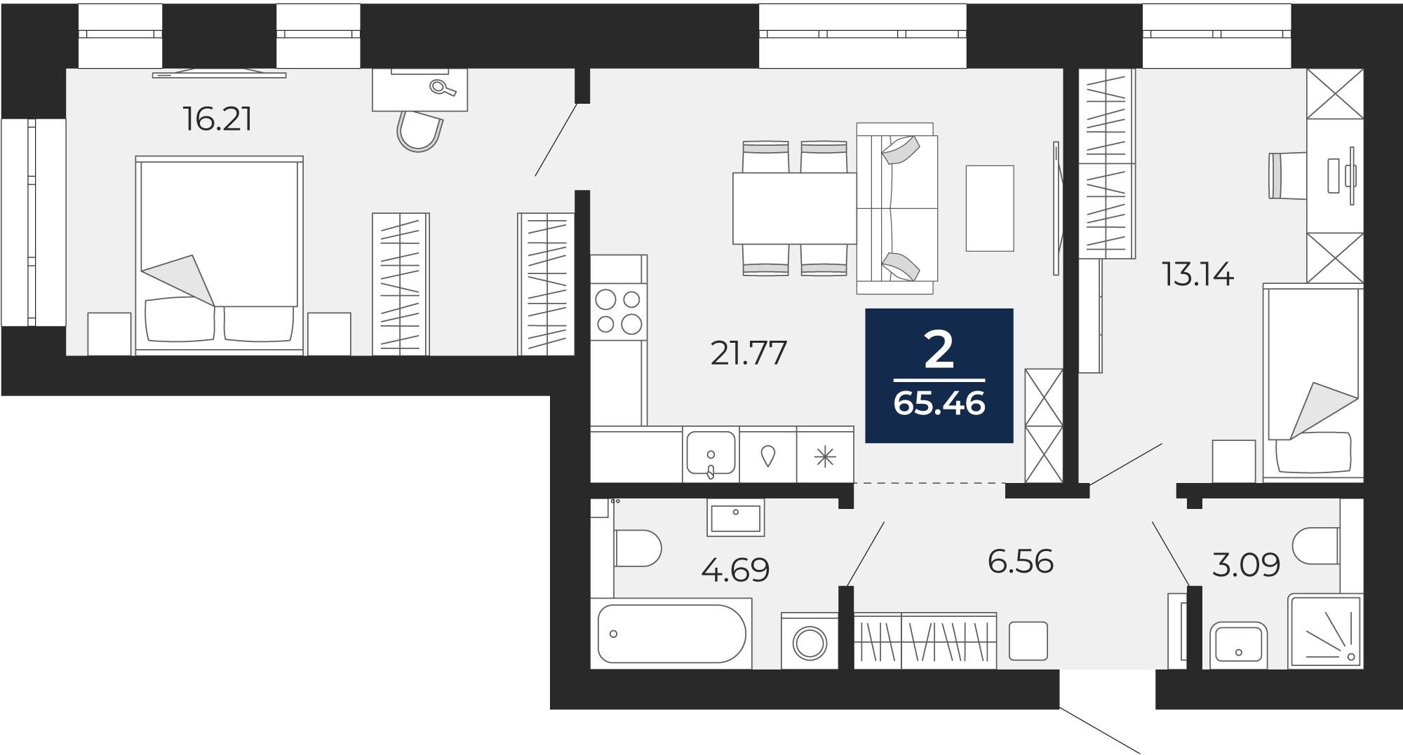 Квартира № 61, 2-комнатная, 65.46 кв. м, 3 этаж