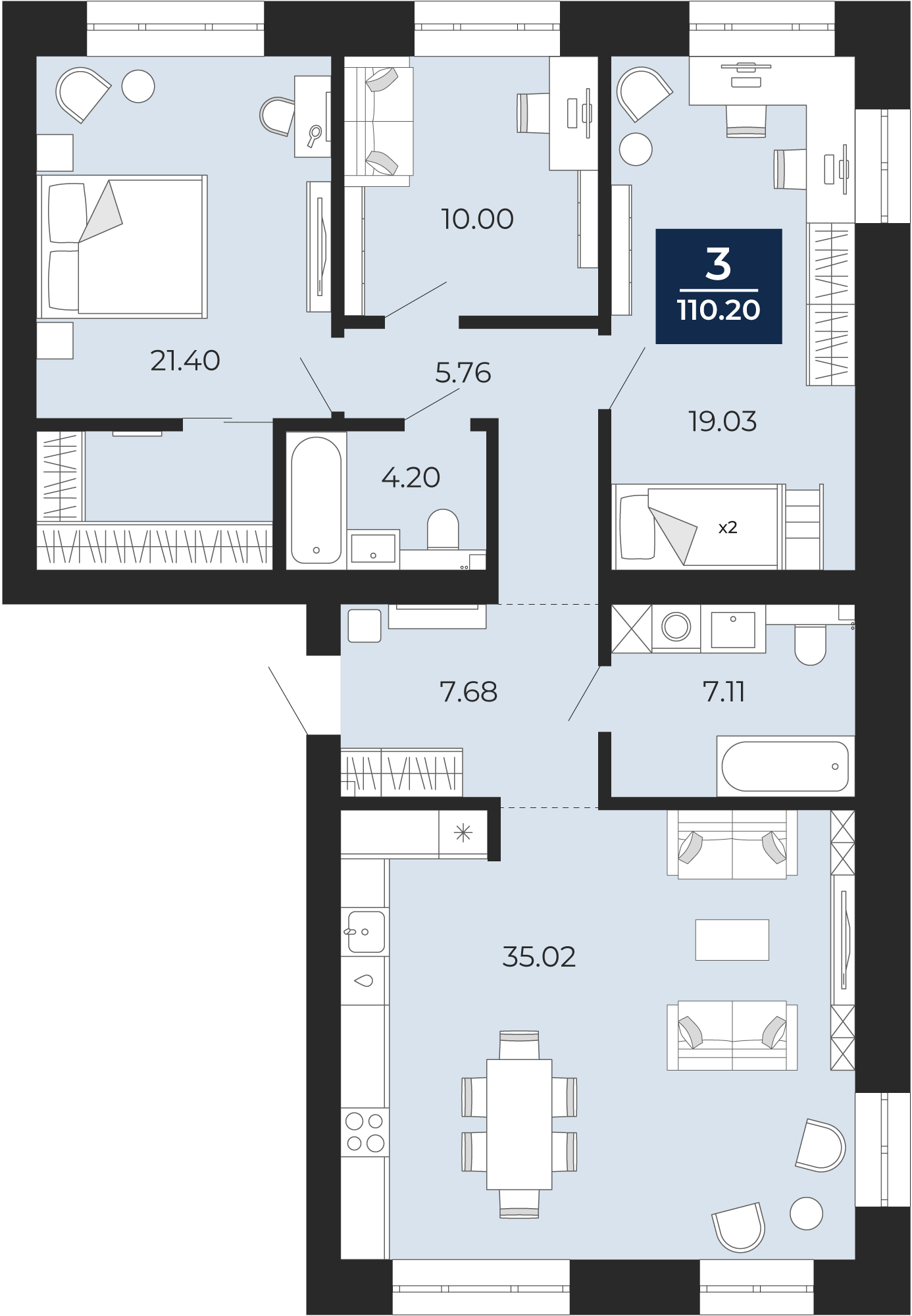 Квартира № 48, 3-комнатная, 110.2 кв. м, 8 этаж