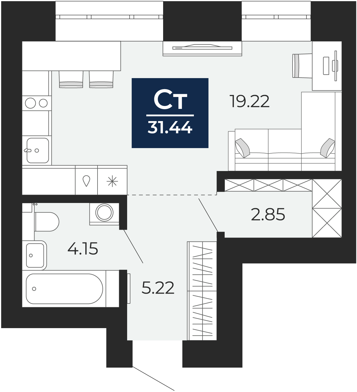 Квартира № 196, Студия, 31.44 кв. м, 2 этаж