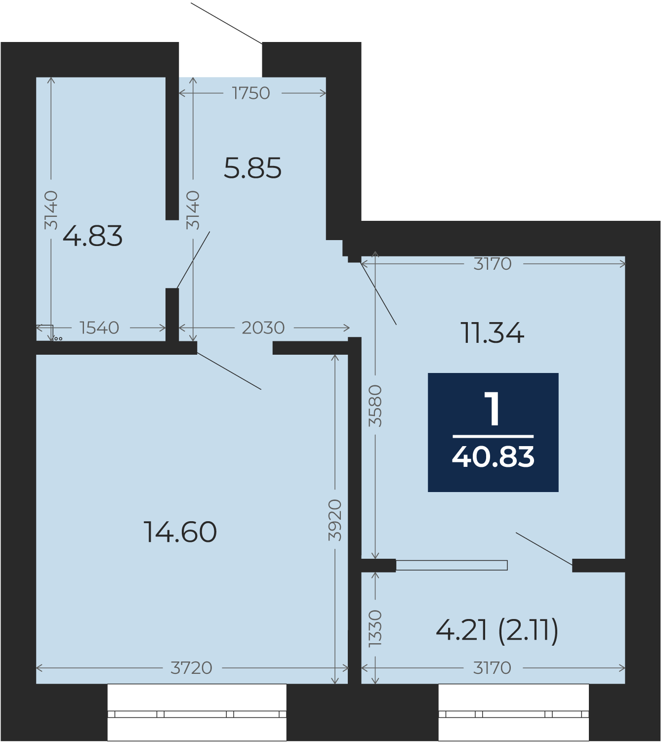 Квартира № 177, 1-комнатная, 40.83 кв. м, 10 этаж
