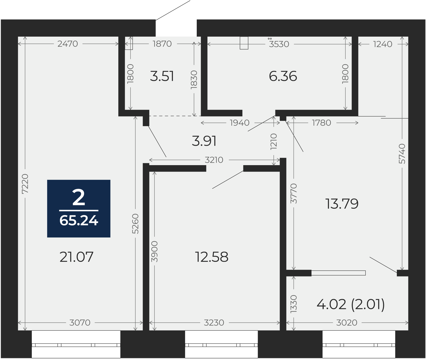 Квартира № 154, 2-комнатная, 65.24 кв. м, 6 этаж