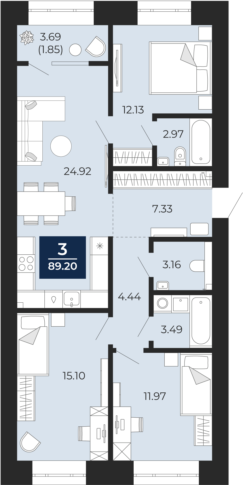 Квартира № 131, 3-комнатная, 89.2 кв. м, 2 этаж