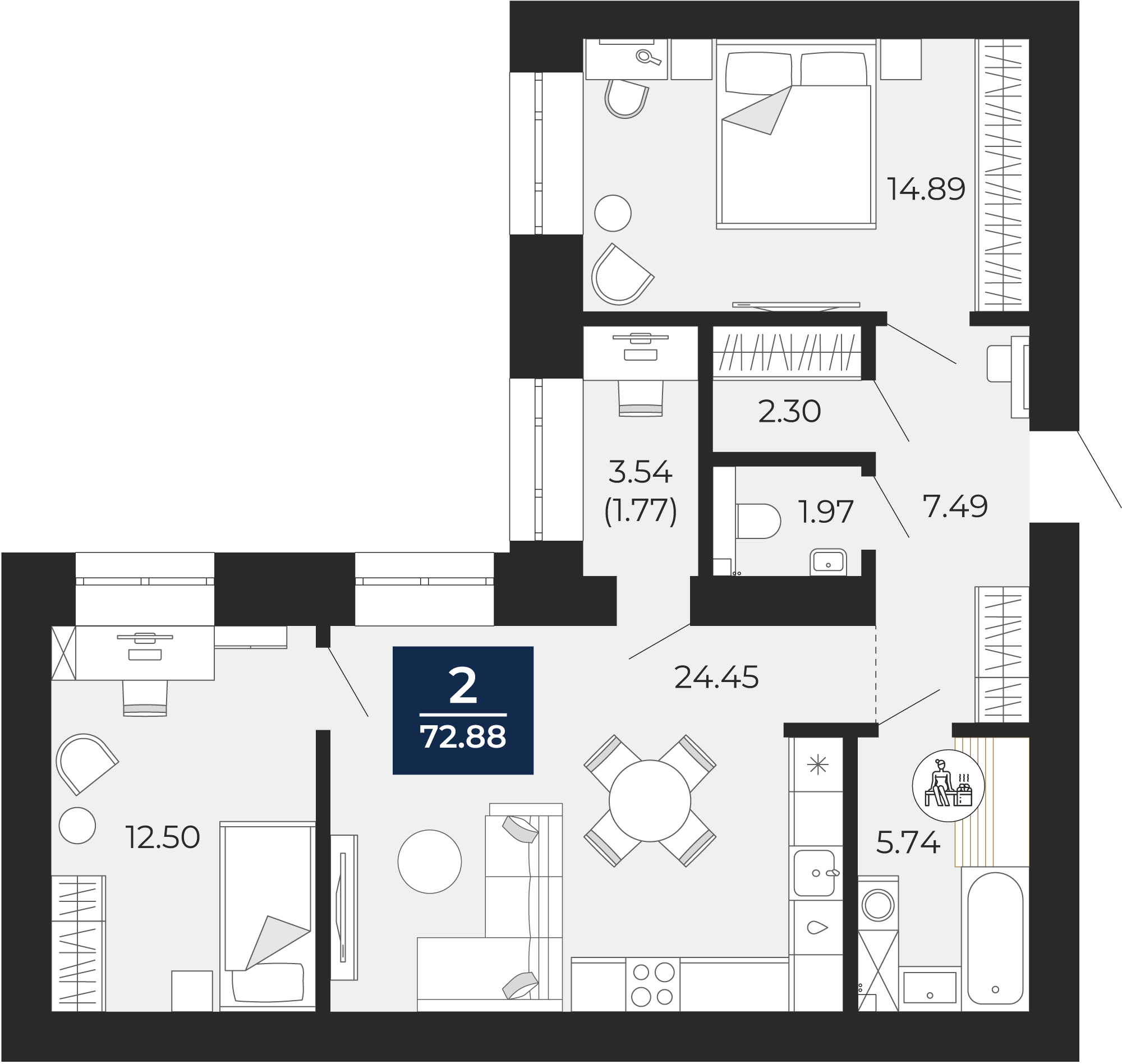 Квартира № 132, 2-комнатная, 72.88 кв. м, 2 этаж