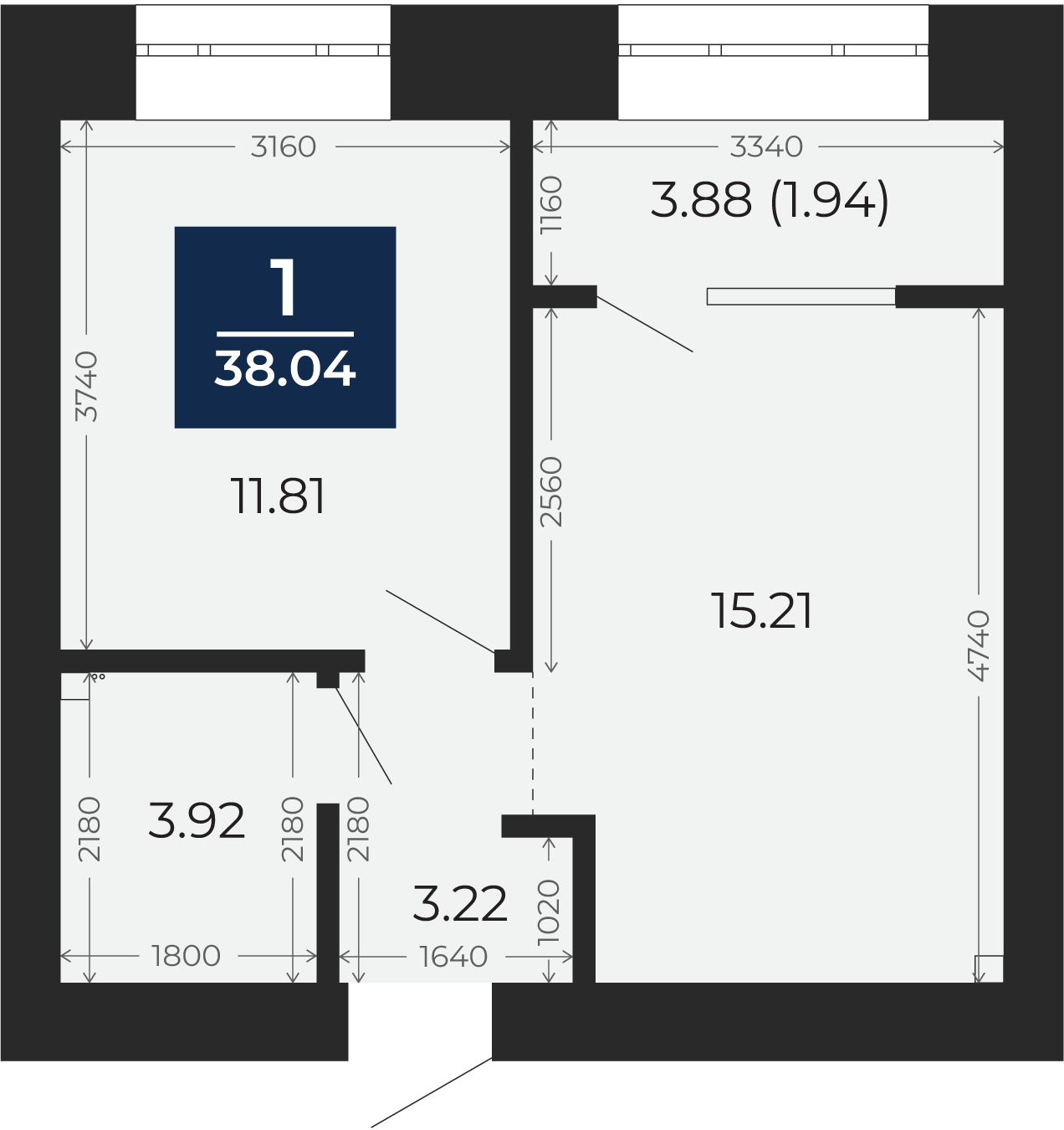 Квартира № 198, 1-комнатная, 38.04 кв. м, 2 этаж