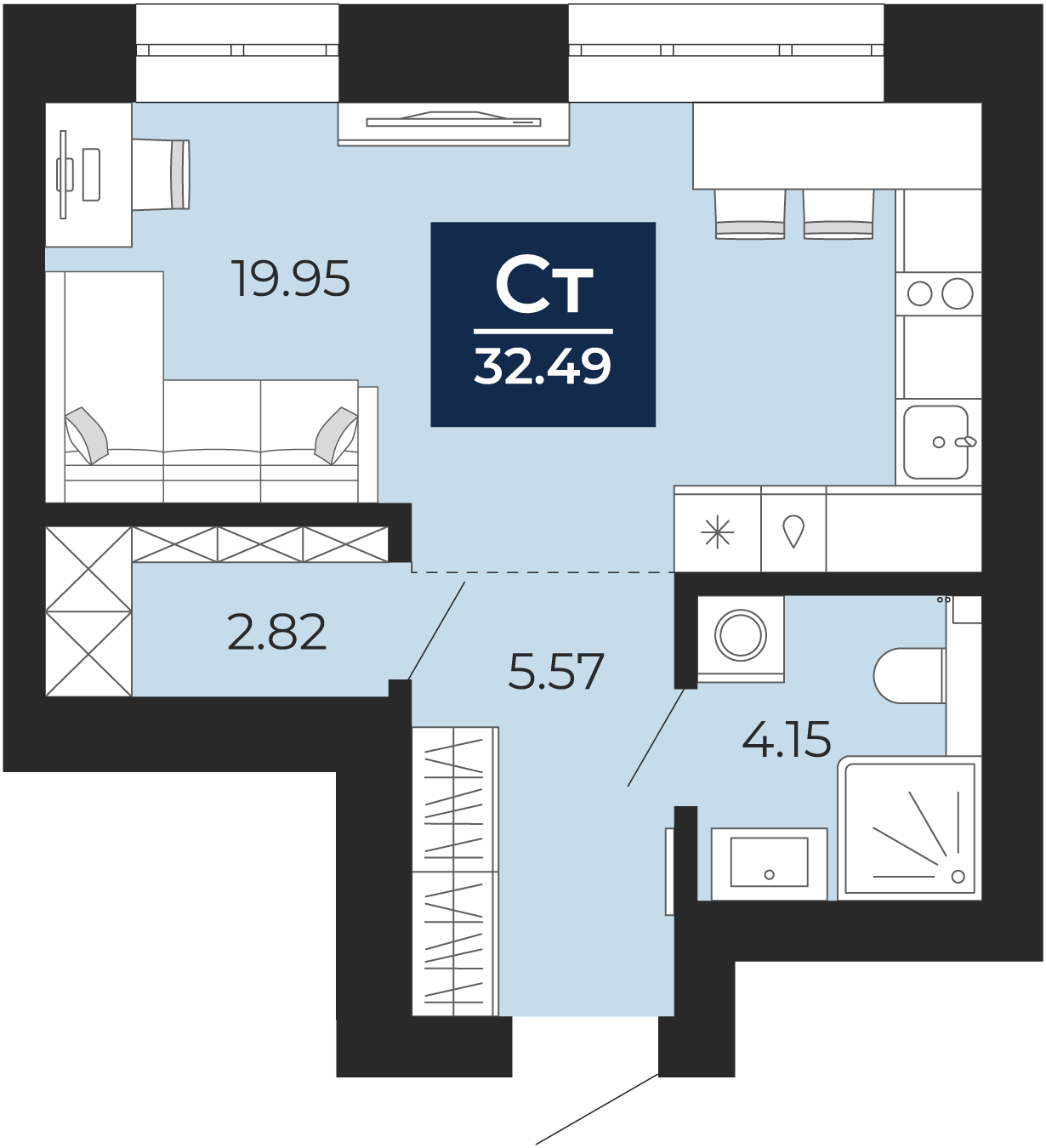 Квартира № 5, Студия, 32.49 кв. м, 2 этаж