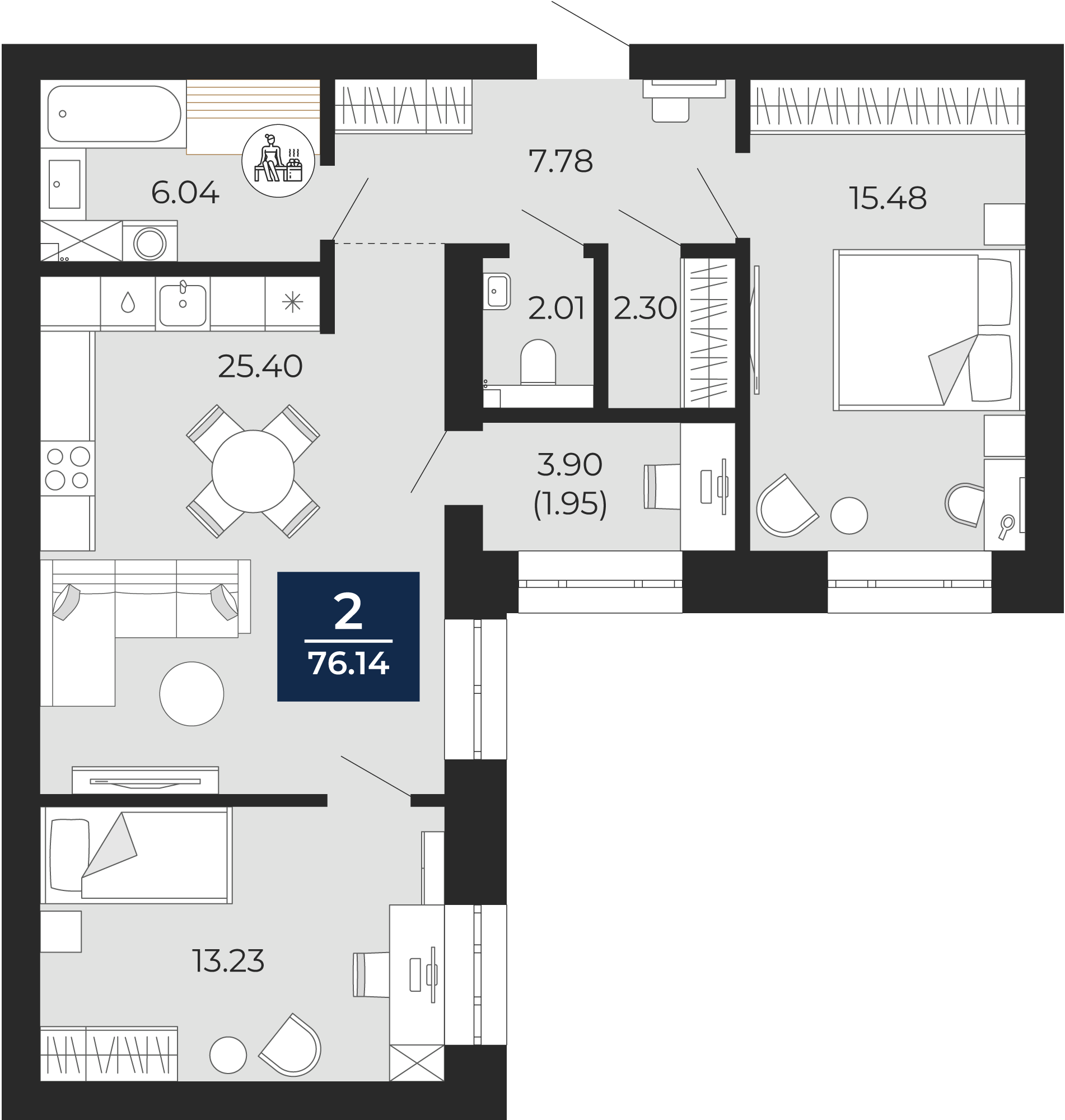 Квартира № 51, 2-комнатная, 76.14 кв. м, 2 этаж