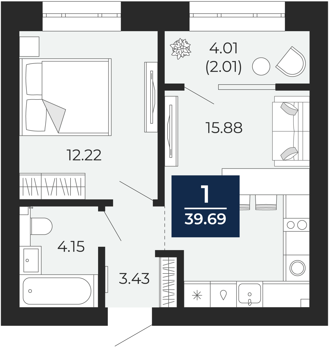 Квартира № 233, 1-комнатная, 39.69 кв. м, 7 этаж
