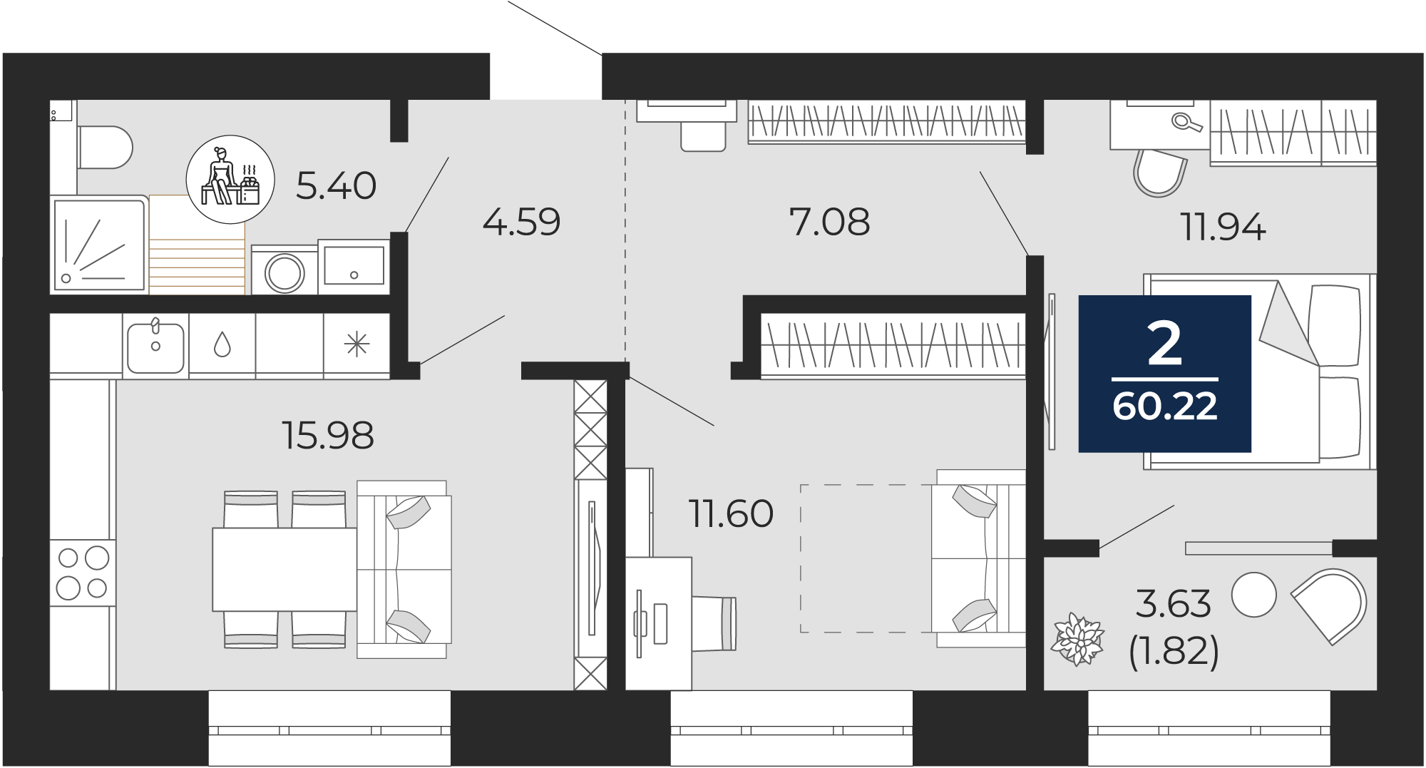 Квартира № 256, 2-комнатная, 60.22 кв. м, 10 этаж