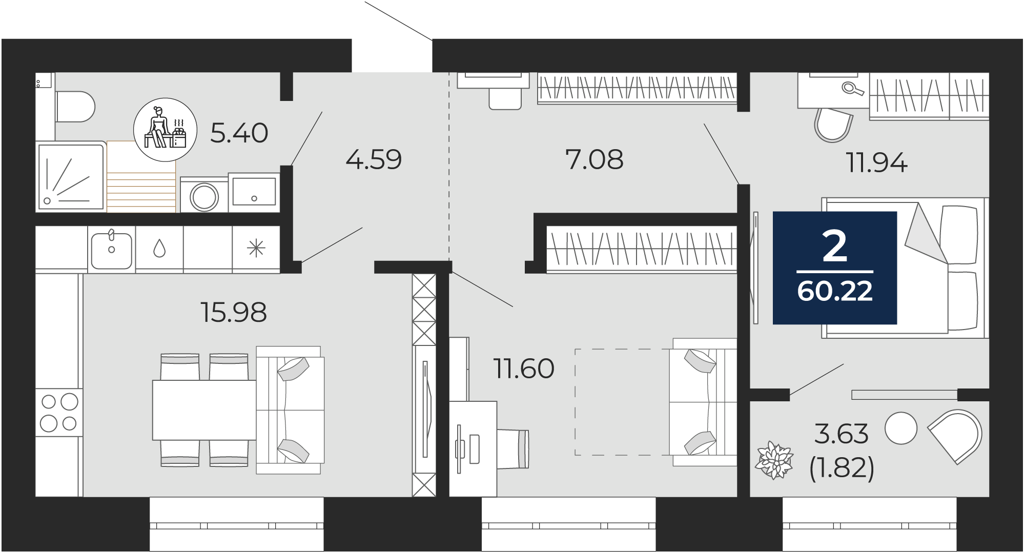 Квартира № 242, 2-комнатная, 60.22 кв. м, 8 этаж