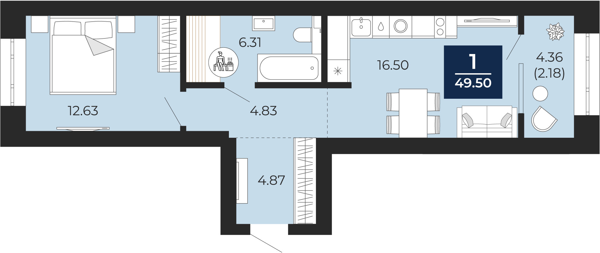 Квартира № 151, 1-комнатная, 49.5 кв. м, 5 этаж