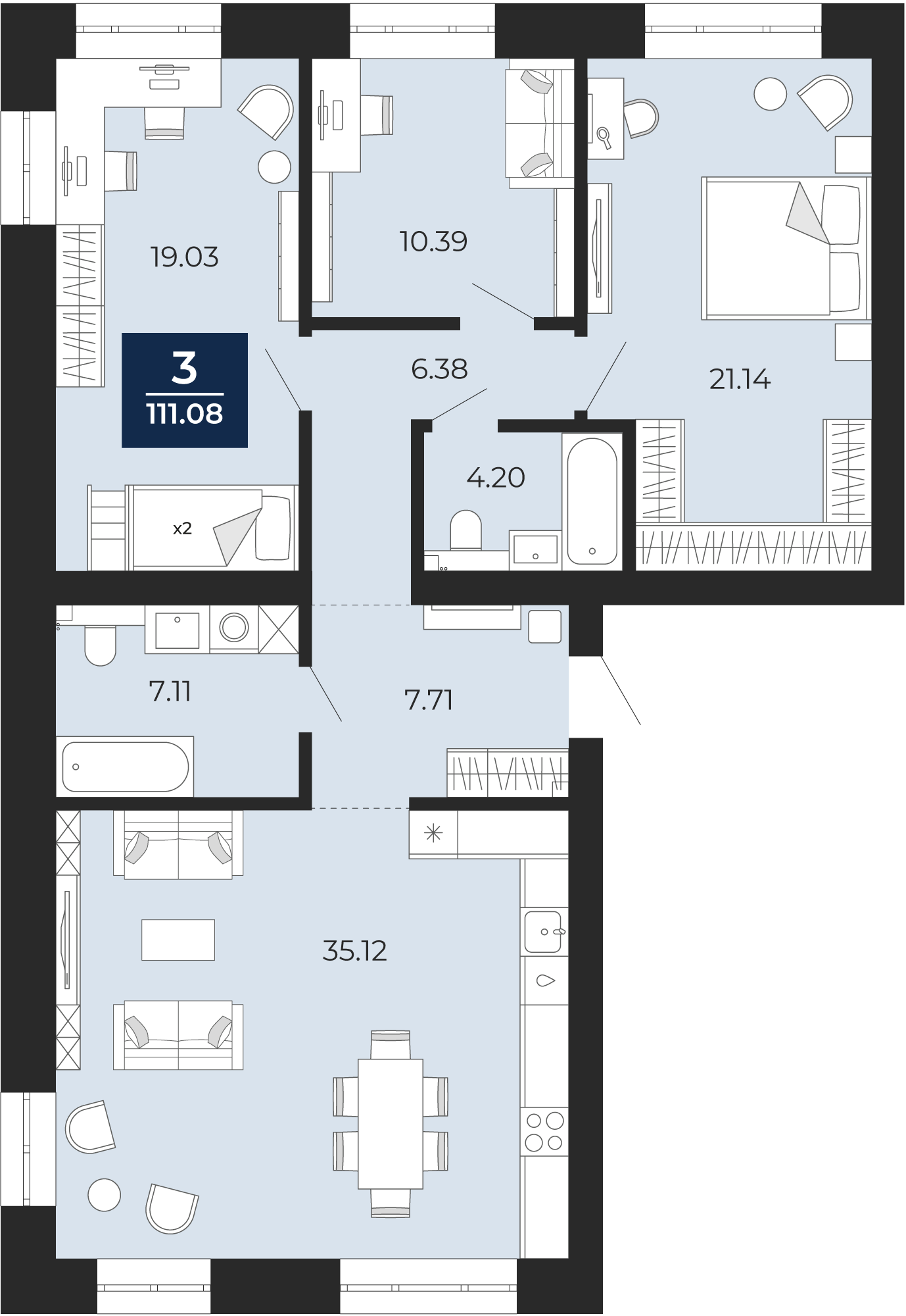 Квартира № 230, 3-комнатная, 111.08 кв. м, 7 этаж