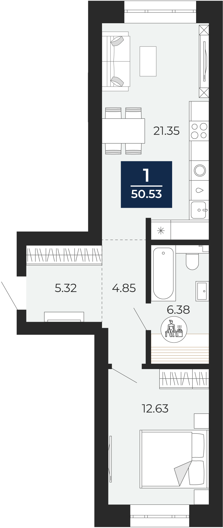 Квартира № 86, 1-комнатная, 50.53 кв. м, 8 этаж