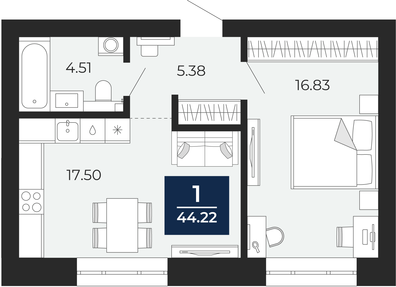 Квартира № 49, 1-комнатная, 44.22 кв. м, 8 этаж