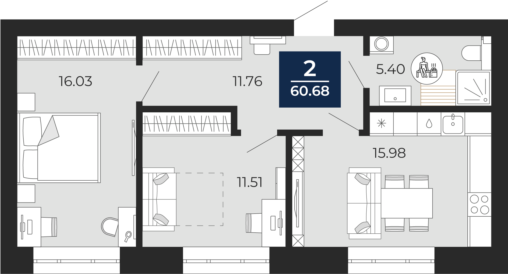 Квартира № 43, 2-комнатная, 60.68 кв. м, 8 этаж