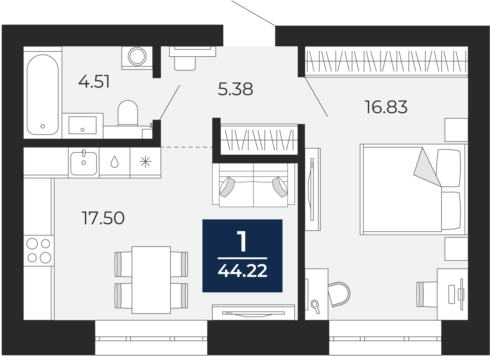 Квартира № 35, 1-комнатная, 44.22 кв. м, 6 этаж