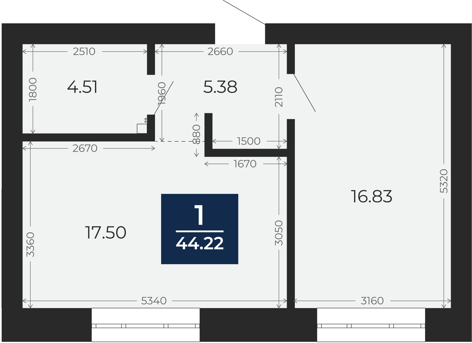 Квартира № 49, 1-комнатная, 44.22 кв. м, 8 этаж