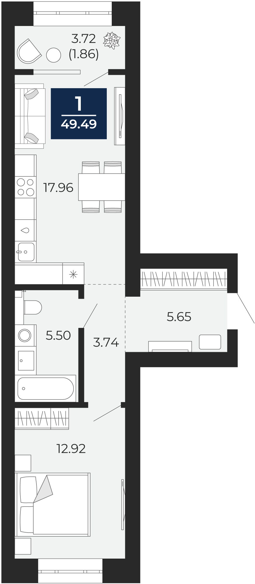 Квартира № 44, 1-комнатная, 49.49 кв. м, 8 этаж